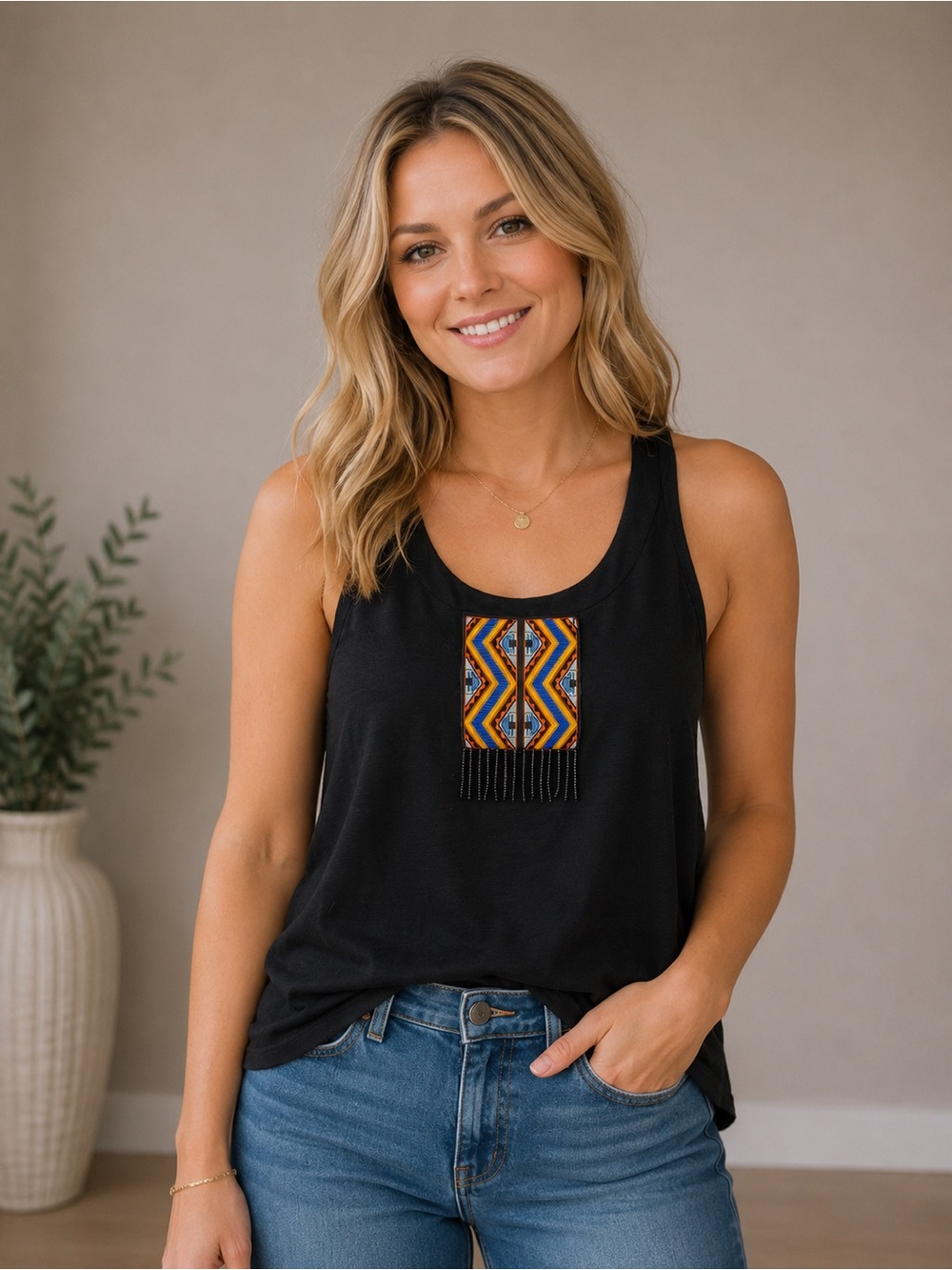 Valerie Stevens Black Tank Top with Orange Geometric Accent